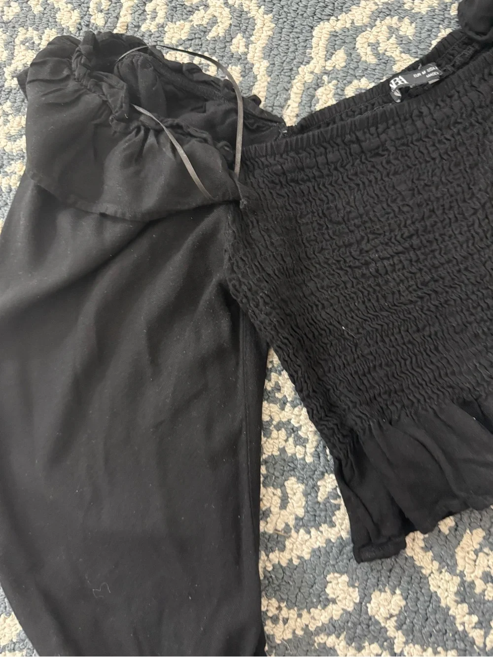 Zara Black Smocked Puff-Sleeve Crop Top